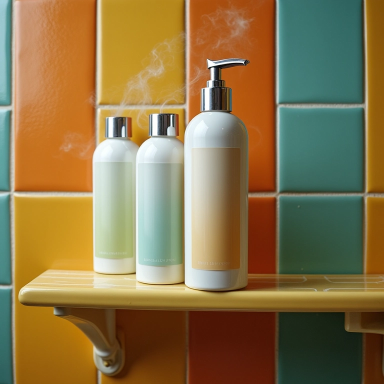 Frascos de shampoo e condicionador em prateleira de chuveiro colorida.