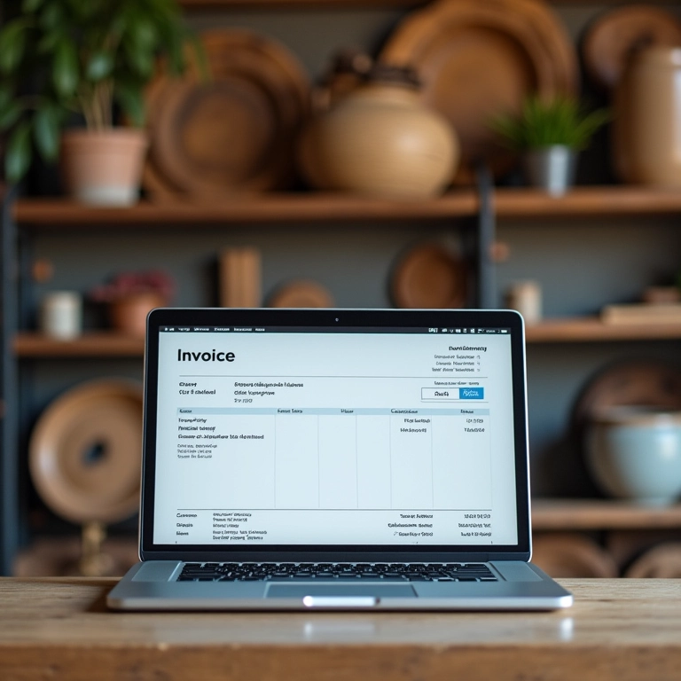 Freelancer emitindo nota fiscal no laptop, detalhes da fatura em foco.