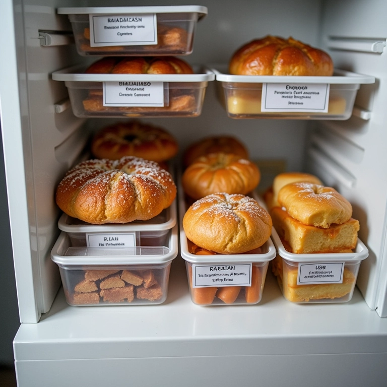 Freezer com potes de doces de padaria congelados.