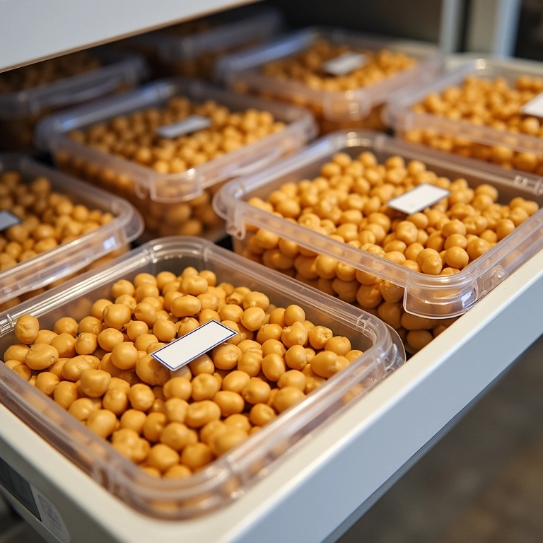 Freezer com potes de grão de bico cozido congelado.