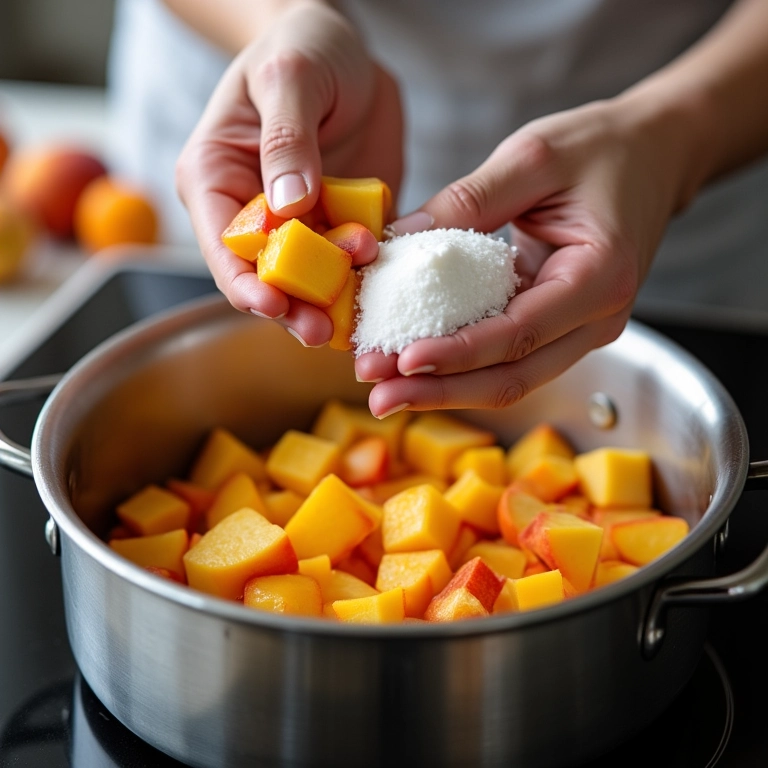 Frutas e açúcar sendo misturados para geleia.