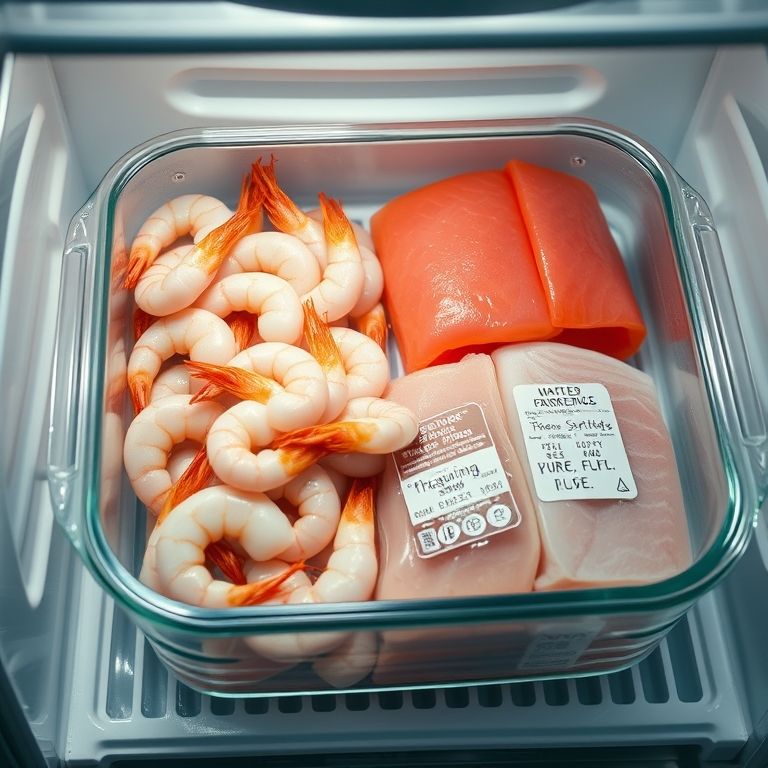 Frutos do mar descongelando na geladeira, cuidado redobrado.