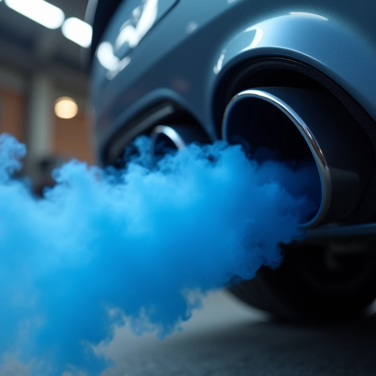 Fumaça azulada saindo do escapamento.