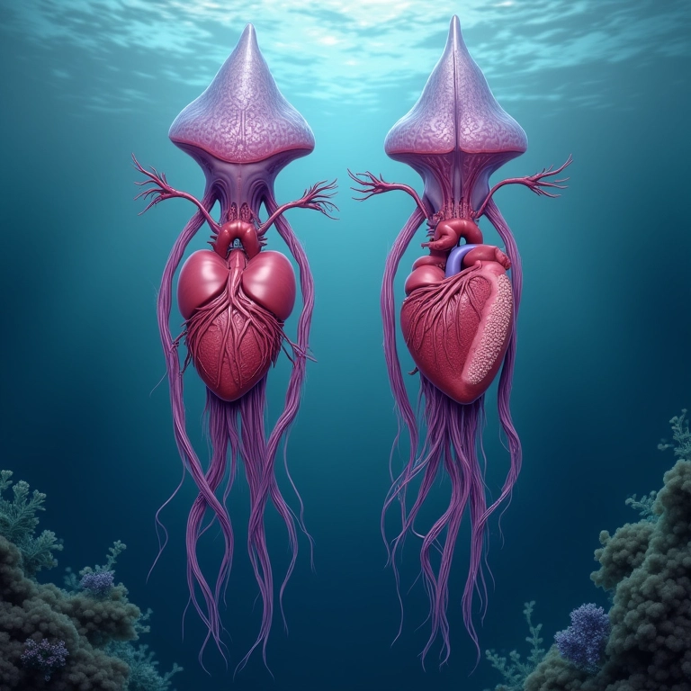 Funcionamento conjunto dos corações da lula.