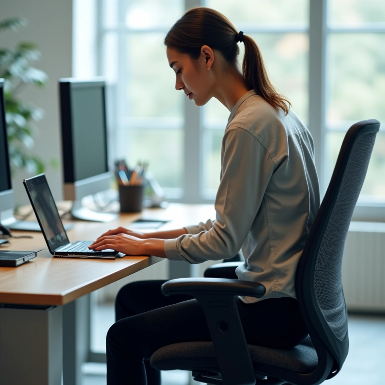 Funcionário de escritório ajustando cadeira ergonômica.