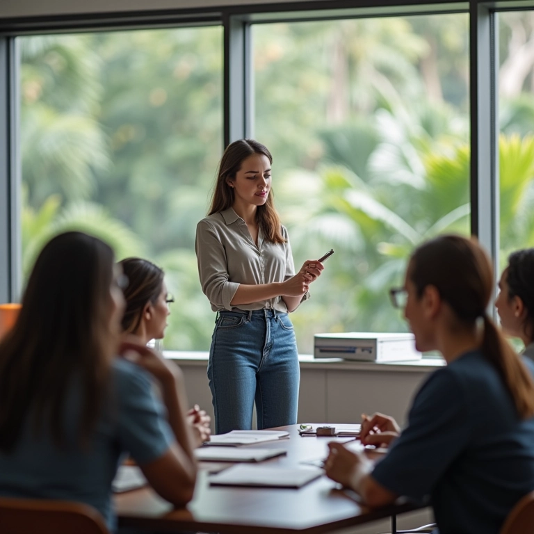 Funcionário lidera reunião de projeto com confiança.