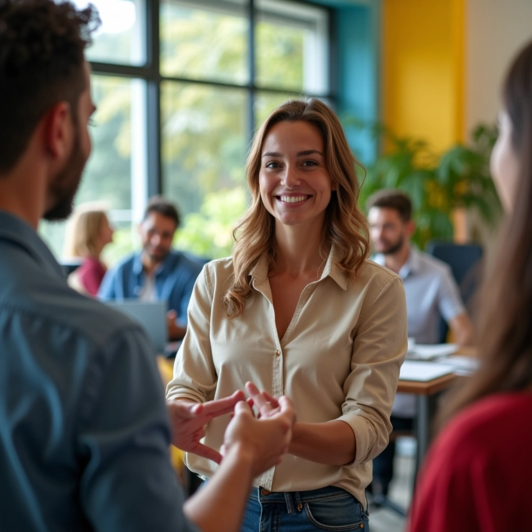 Funcionário recebendo prêmio de gerente em escritório colorido.