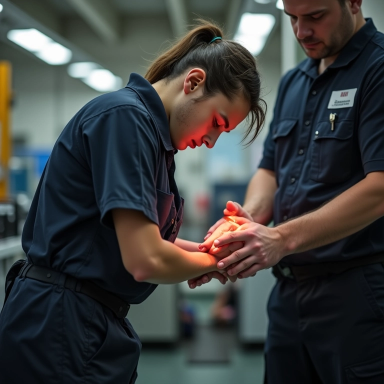 Funcionário recebendo primeiros socorros após acidente.