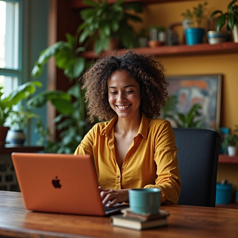 Funcionário trabalhando remotamente em escritório doméstico.