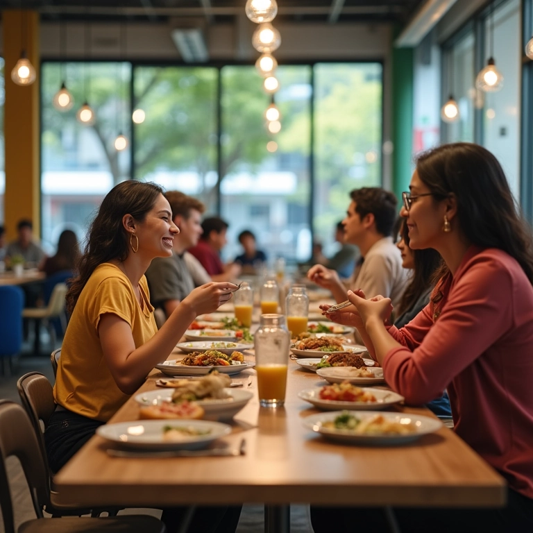 Funcionários aproveitando pausa para almoço em cafeteria.