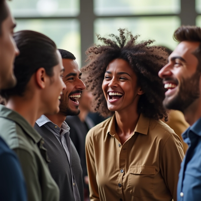Funcionários de origens diversas rindo juntos em evento de team-building.