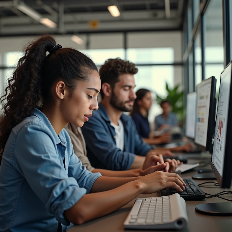 Funcionários diversos colaborando na implementação do canal de denúncias interno.