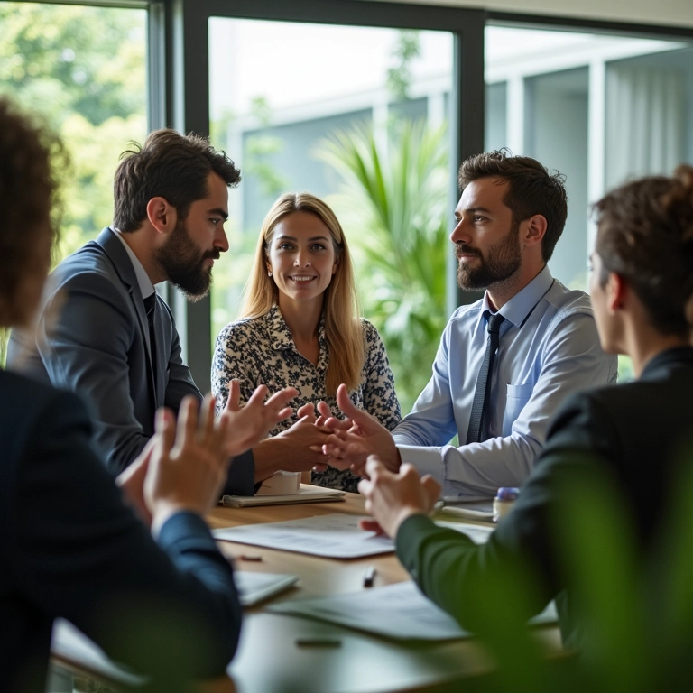 Funcionários diversos discutindo confiança e segurança em um ambiente de trabalho com plantas.