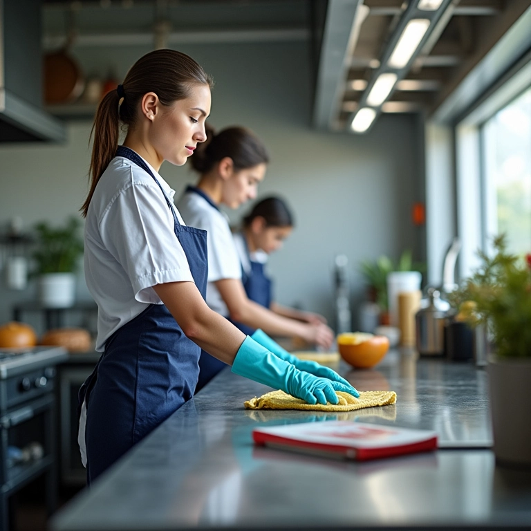Funcionários limpando cozinha comercial seguindo padrões de higiene.