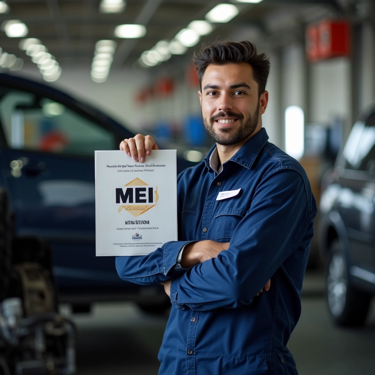 Funileiro celebrando o registro MEI em sua oficina organizada.