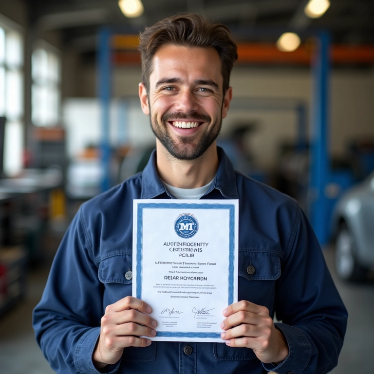 Funileiro sorrindo com certificado MEI em sua oficina.