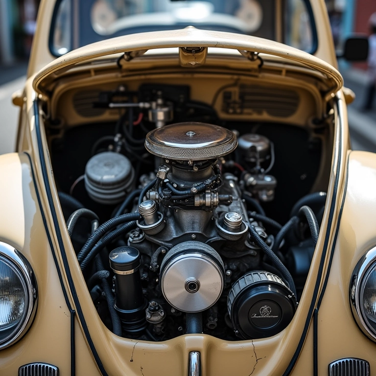 Fusca com motor carburado, símbolo de simplicidade e nostalgia.