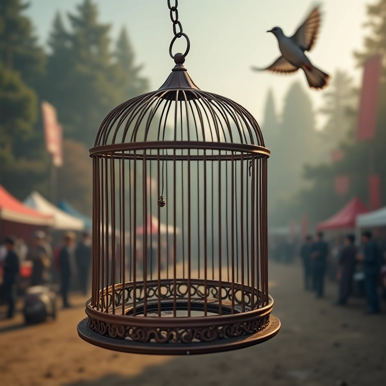 Gaiola vazia e pomba voando, crueldade animal.