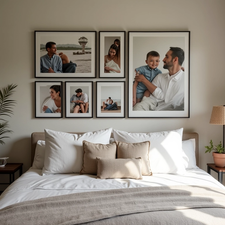 Galeria de fotos pessoais em quarto de casal moderno.
