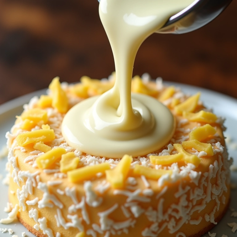 Ganache de chocolate branco com coco cobrindo o bolo.