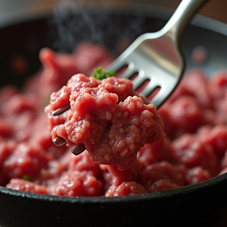 Garfo quebrando os grumos da carne moída.
