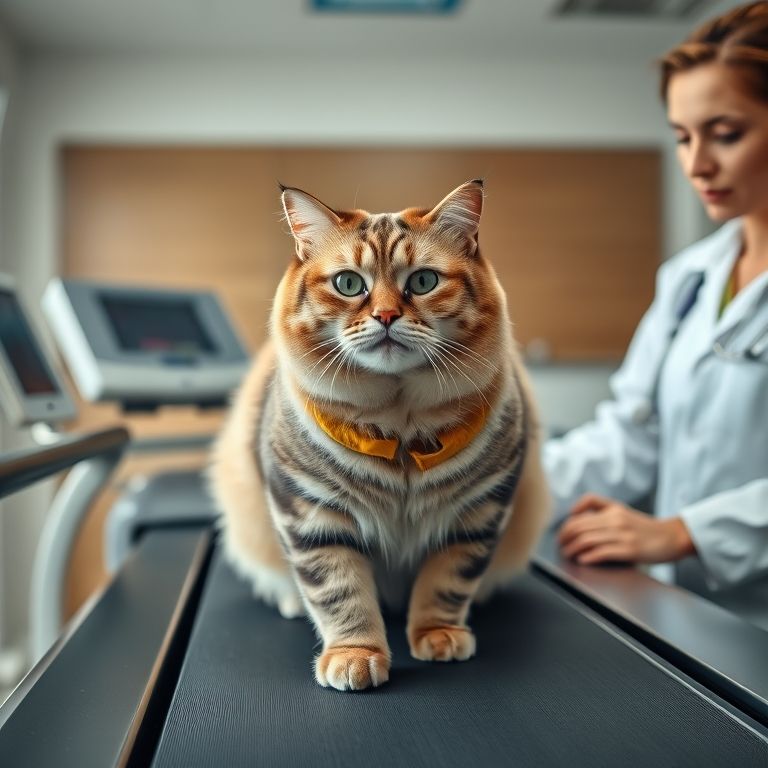Gato acima do peso na esteira com supervisão de fisioterapeuta veterinário.