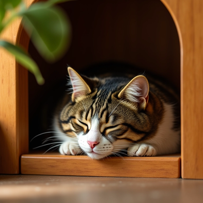 Gato dormindo em nicho aconchegante.