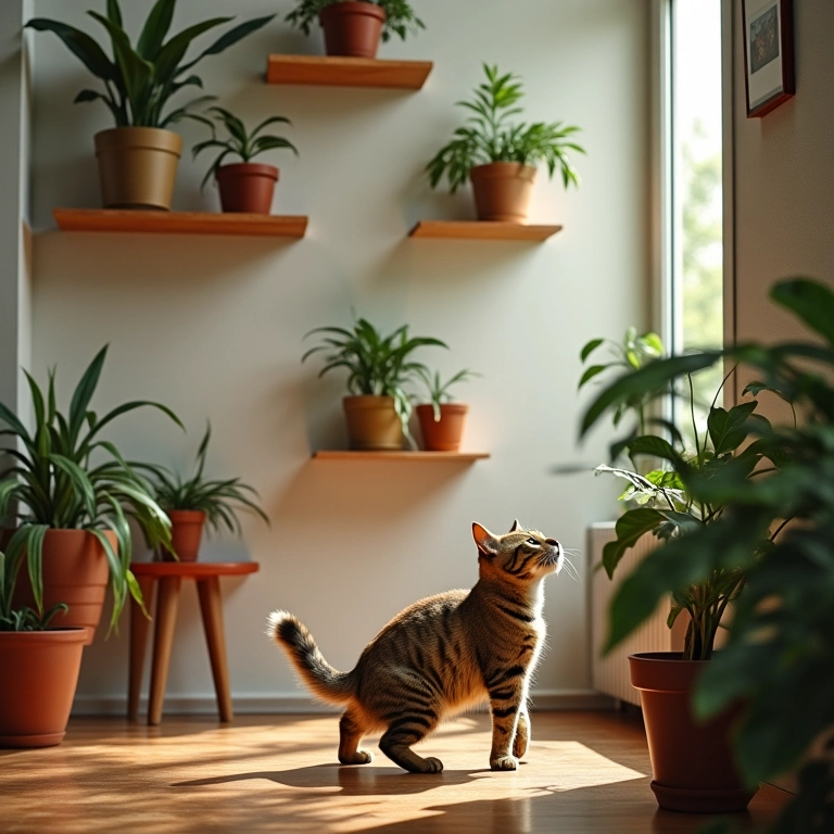 Gato explorando prateleiras suspensas em casa decorada.