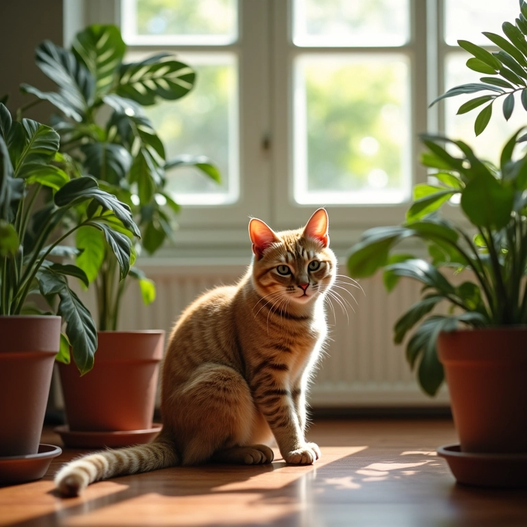 Gato perto de plantas seguras em casa iluminada.