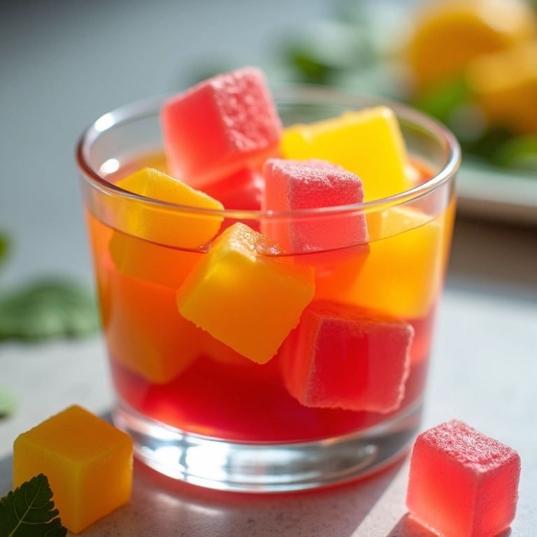 Gelatina colorida em cubos em recipiente de vidro.
