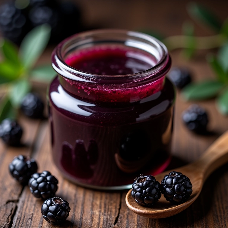 Geleia de amora silvestre em pote rústico, com amoras espalhadas sobre superfície de madeira.