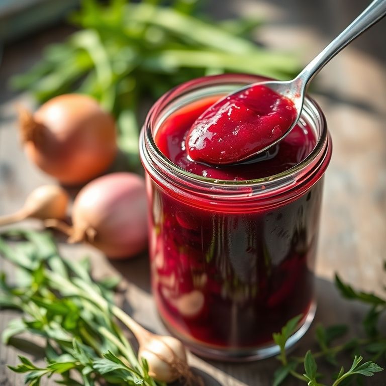 Geleia de cebola roxa com vinho tinto em pote de vidro.