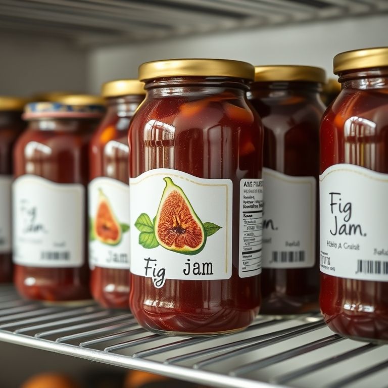 Geleia de figo caseira em potes de vidro esterilizados, selados e etiquetados.