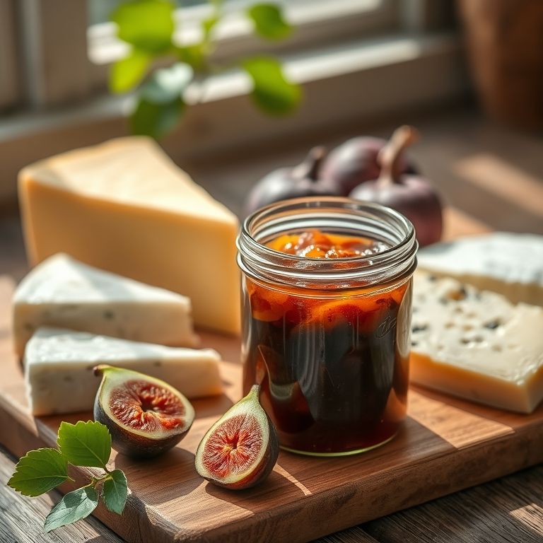 Geleia de Figo Caseira Saborosa e Rústica Para Queijos Geleia de figo caseira rústica ao lado de queijos artesanais em tábua de madeira.