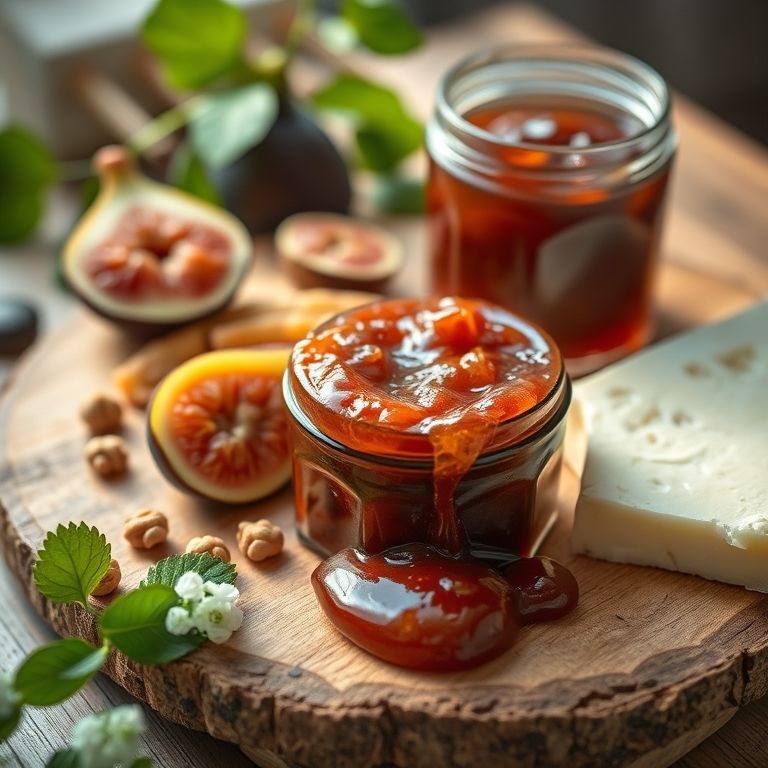 Geleia de figo com nozes em uma tábua de queijos.