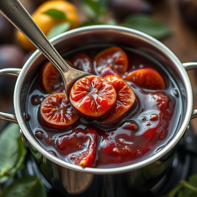 Geleia de figo com pimenta sendo mexida em uma panela.