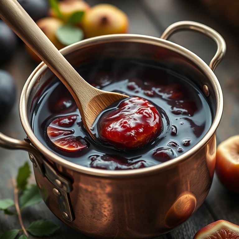 Geleia de figo com vinho do Porto sendo mexida em uma panela de cobre.