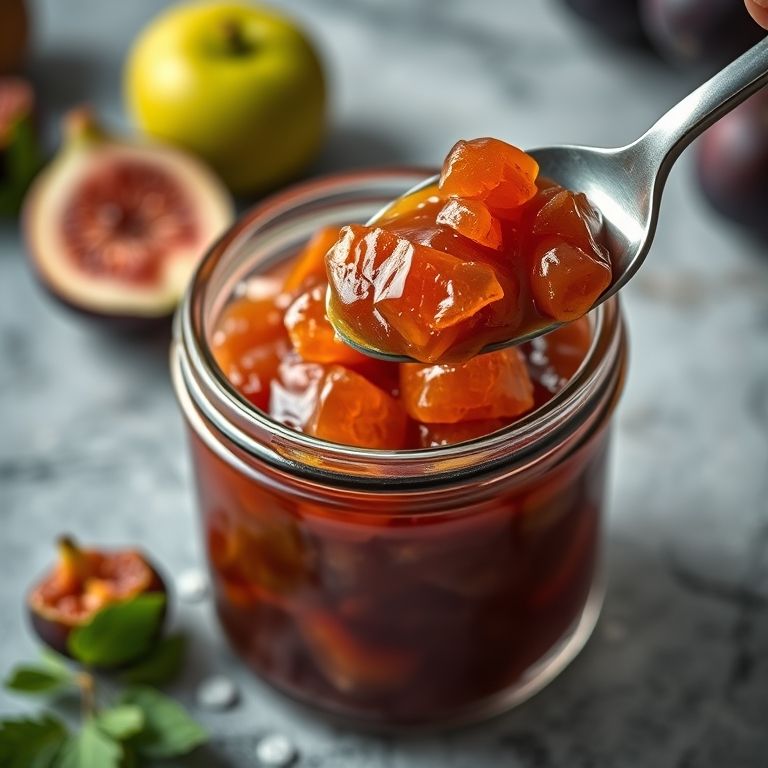 Geleia de figo cristalizada em um pote, com uma colher removendo os cristais.