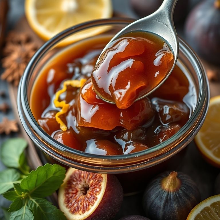 Geleia de figo sendo preparada com diferentes especiarias e raspas de frutas cítricas.