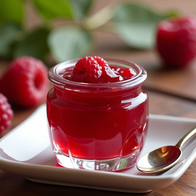 Geleia de framboesa sofisticada em pote de cristal com colher de prata e pires de porcelana.