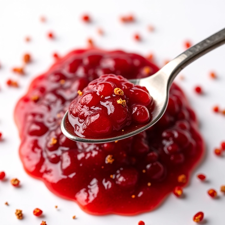 Geleia de frutas vermelhas com pimenta rosa, com colher mexendo e pimenta picante.