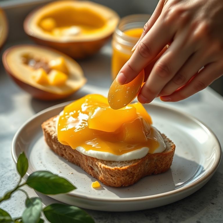 Geleia de manga com coco sendo espalhada no pão.