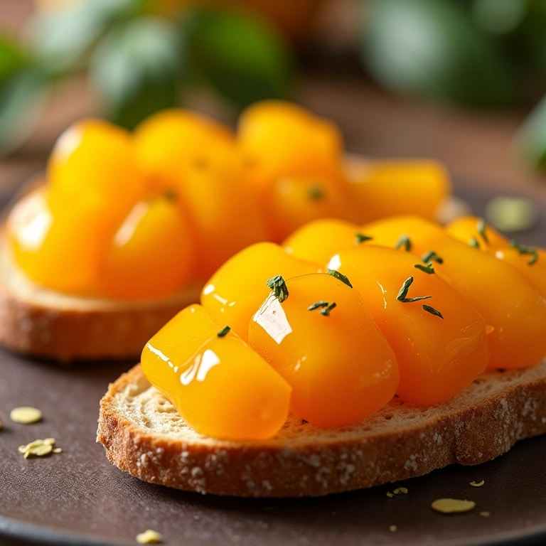 Geleia de manga com pimenta em torrada, servida em prato com design Farm Rio.