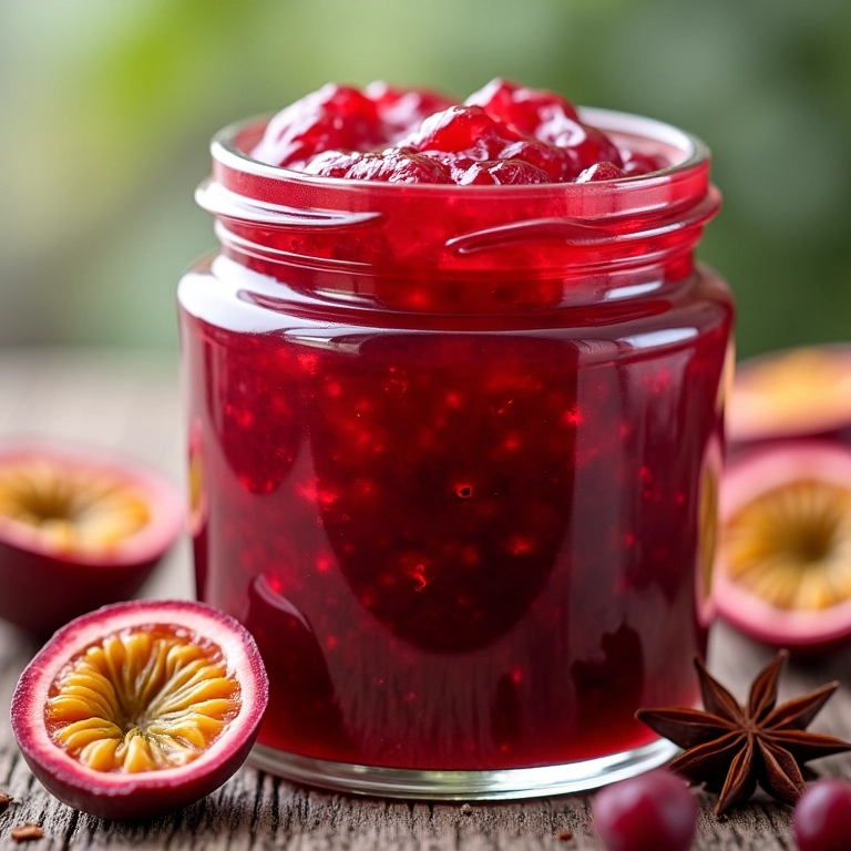 Geleia de mix de frutas vermelhas exótica, com maracujá e anis estrelado.