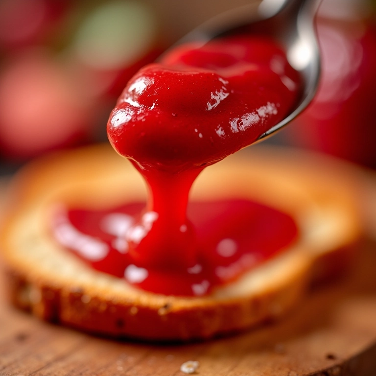 Geleia de morango clássica escorrendo de uma colher sobre torrada, com cores vibrantes e foco nítido.