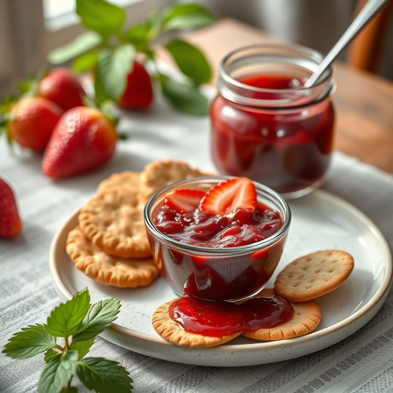Geleia de morango com balsâmico servida com biscoitos.