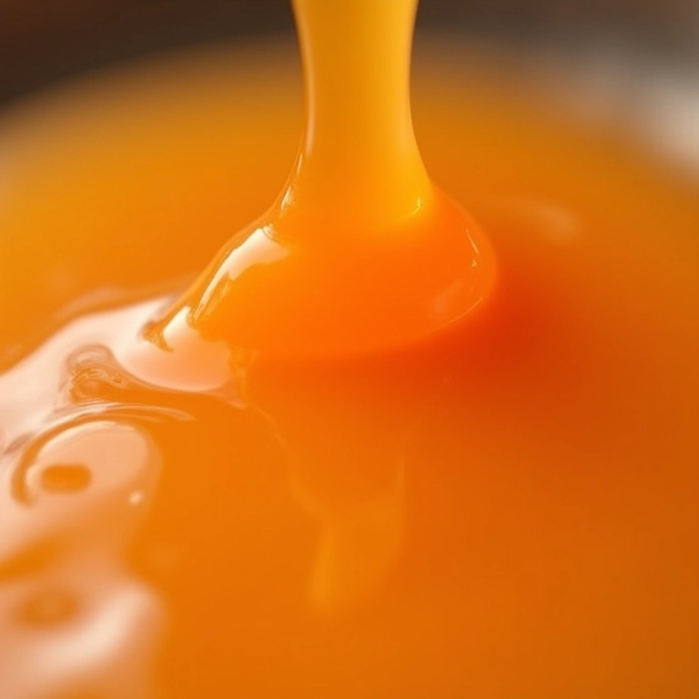 Geleia de pêssego escorrendo lentamente de uma colher.