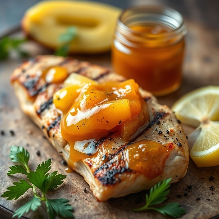 Geleia de pimenta biquinho com abacaxi sobre frango grelhado.