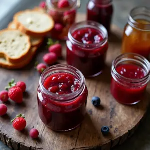 Geleias de frutas vermelhas caseiras em potes de vidro com pães artesanais sobre mesa rústica de madeira.