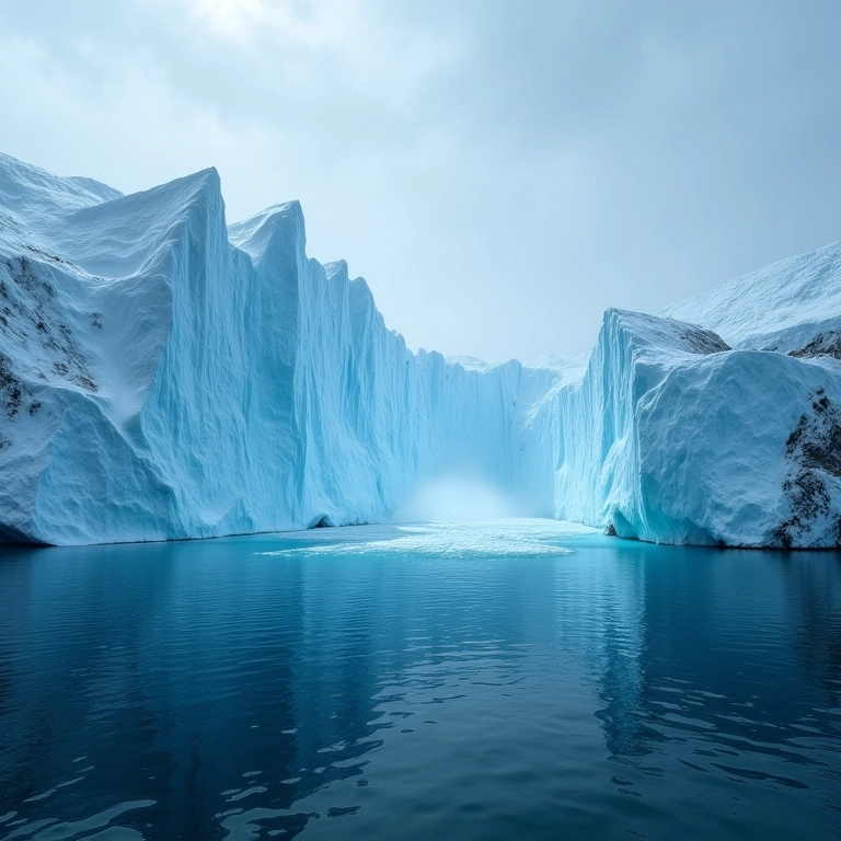 Geleiras derretendo e aumento do nível do mar, com um furacão se formando.